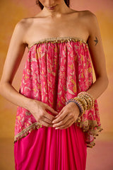 Off-shoulder Hot Pink Muslin Top Crepe Skirt Set