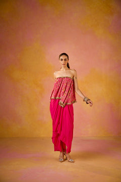 Off-shoulder Hot Pink Muslin Top Crepe Skirt Set