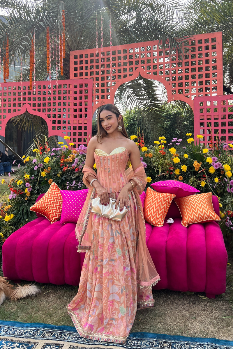 Peach Sequinned Corset Muslin Lehenga Set