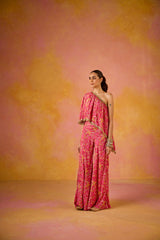 Hot Pink Muslin One-Shoulder Top and Flared Sharara Set