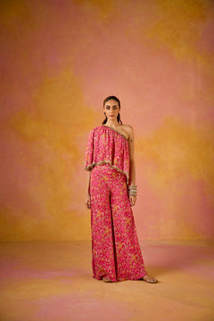 Hot Pink Muslin One-Shoulder Top and Flared Sharara Set