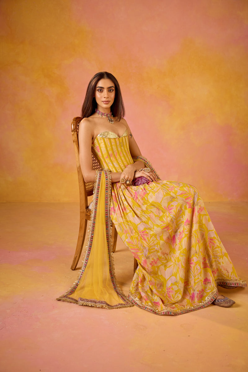 Yellow Sequinned Corset Muslin Lehenga Set