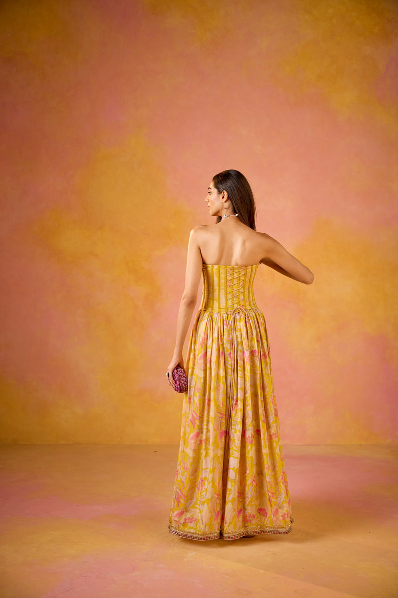 Yellow Sequinned Corset Muslin Lehenga Set
