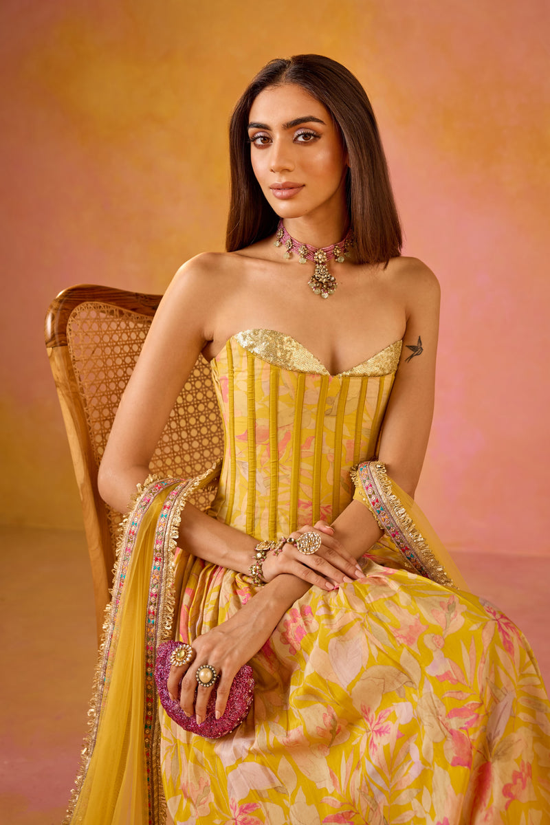 Yellow Sequinned Corset Muslin Lehenga Set