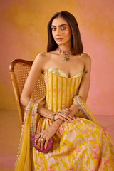 Yellow Sequinned Corset Muslin Lehenga Set
