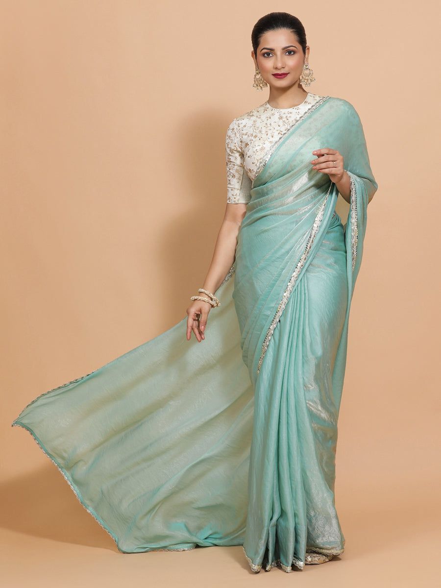 Aqua Sheen Ready-to-Wear Pre Draped Tissue Saree