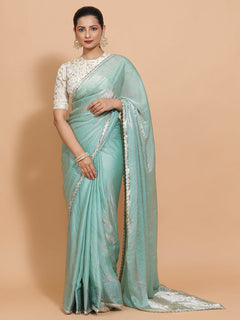Aqua Sheen Ready-to-Wear Pre Draped Tissue Saree