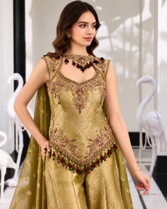 Mehfil Olive Gold Brocade Sharara Set