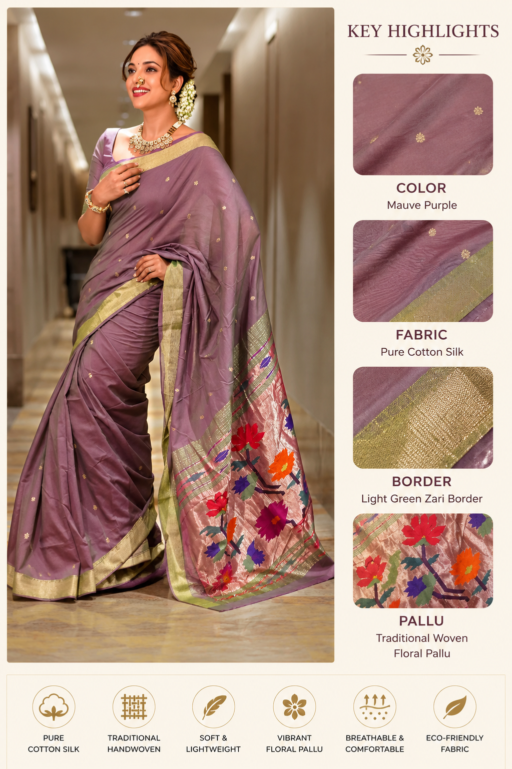Pure Cotton Handloom Paithani Saree Dual Tone Green & Pink