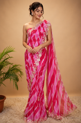 Azure Blue Pure Chiffon Leheriya Saree with Floral Embroidery & Sequin Handwork
