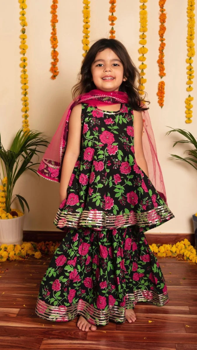 Black Cotton Bachapan Gulmohar Sharara Set