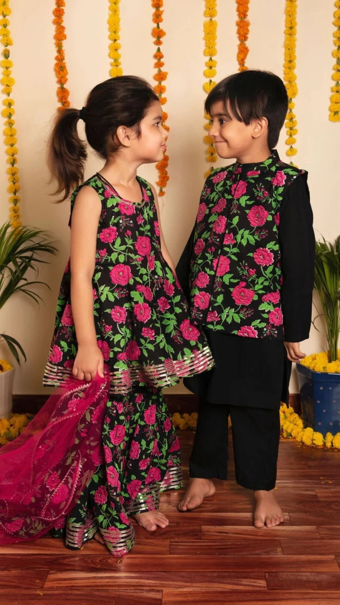 Black Cotton Bachapan Gulmohar Sharara Set