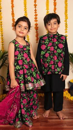 Black Cotton Bachapan Gulmohar Sharara Set