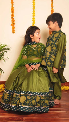 Green Cotton Silk Bachapan Idika Kurta Jacket Set