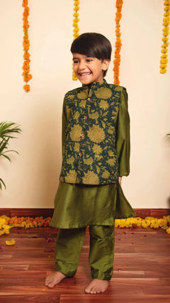 Green Cotton Silk Bachapan Idika Kurta Jacket Set