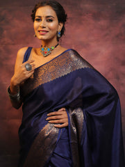 Banarasee Blue Semi Silk Saree Zari Border