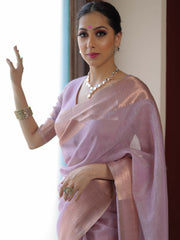 Banarasee Pink Linen Tissue Zari Saree