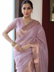 Banarasee Pink Linen Tissue Zari Saree