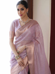 Banarasee Pink Linen Tissue Zari Saree