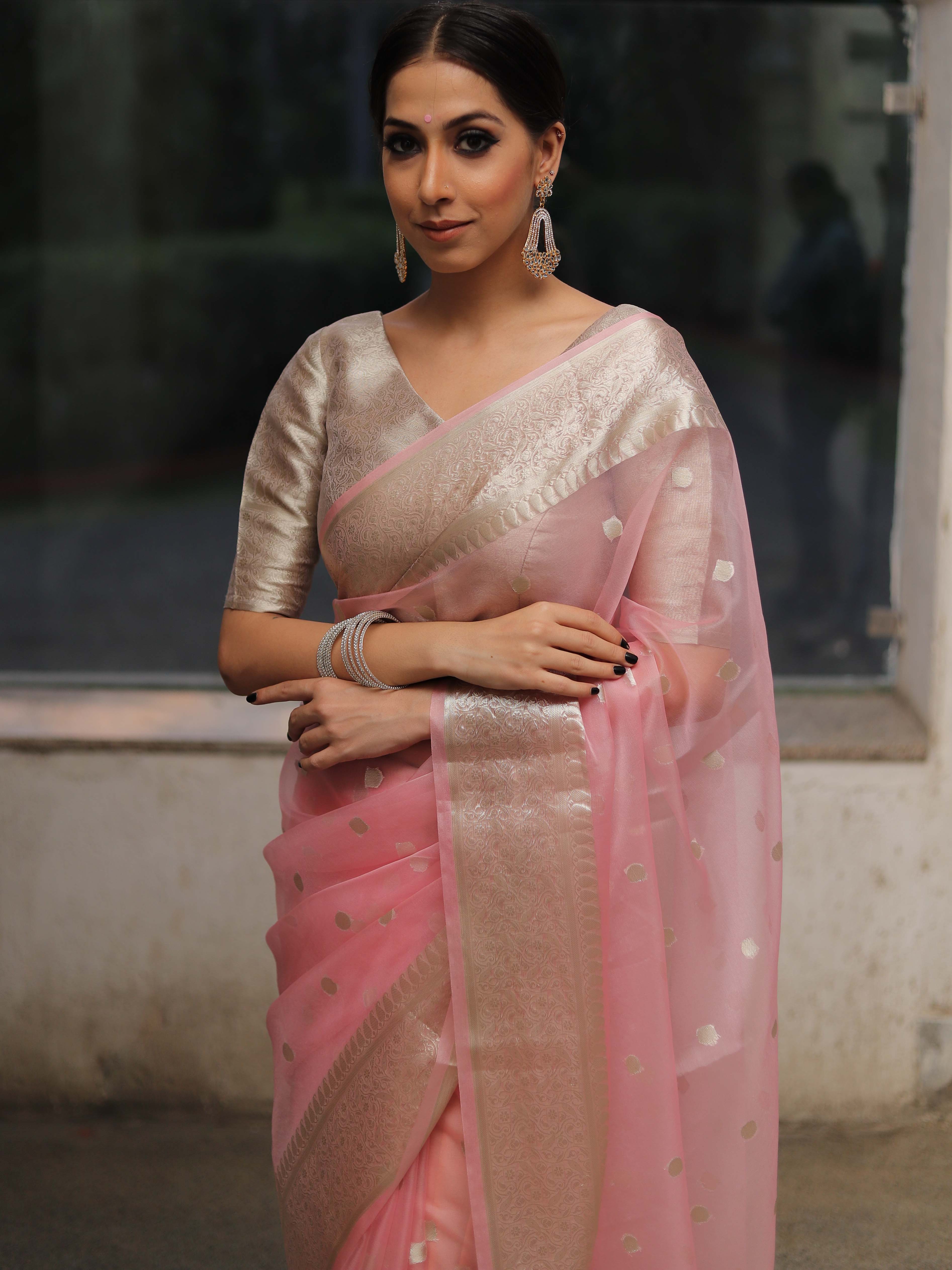 Banarasee Pink Organza Mix Saree Zari Buta
