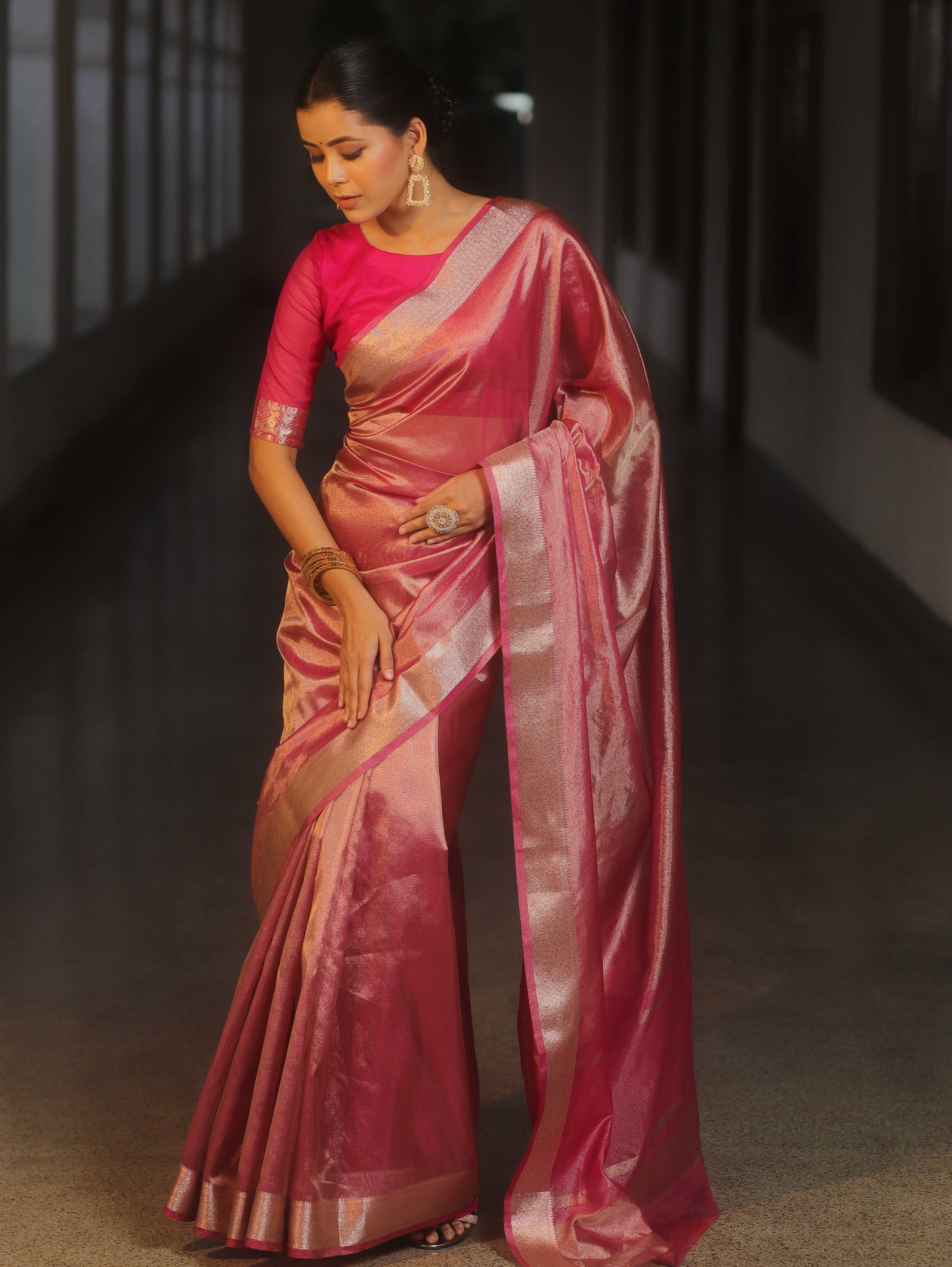 Banarasee Pink Tissue Zari Saree