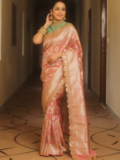Banarasee Pink Georgette Zari Lace Saree