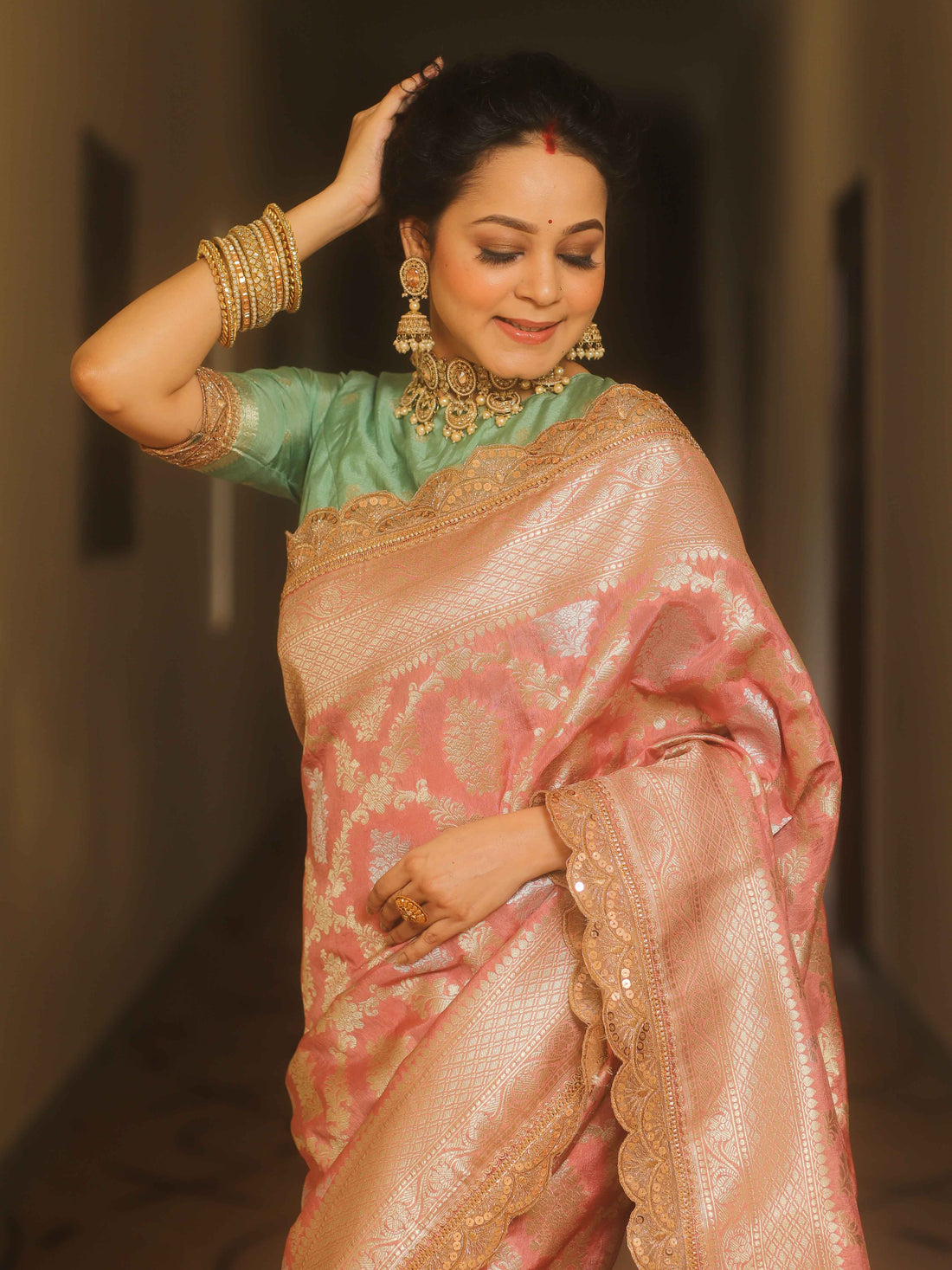 Banarasee Pink Georgette Zari Lace Saree