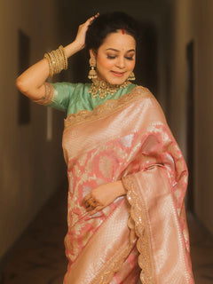 Banarasee Pink Georgette Zari Lace Saree
