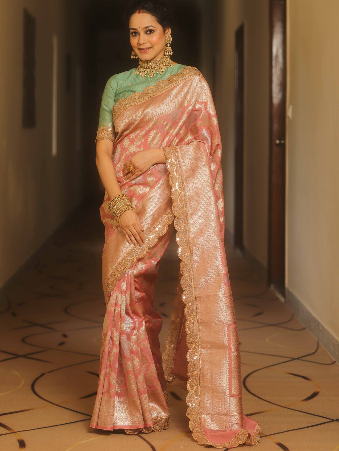 Banarasee Pink Georgette Zari Lace Saree