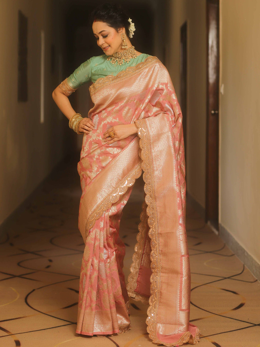 Banarasee Pink Georgette Zari Lace Saree