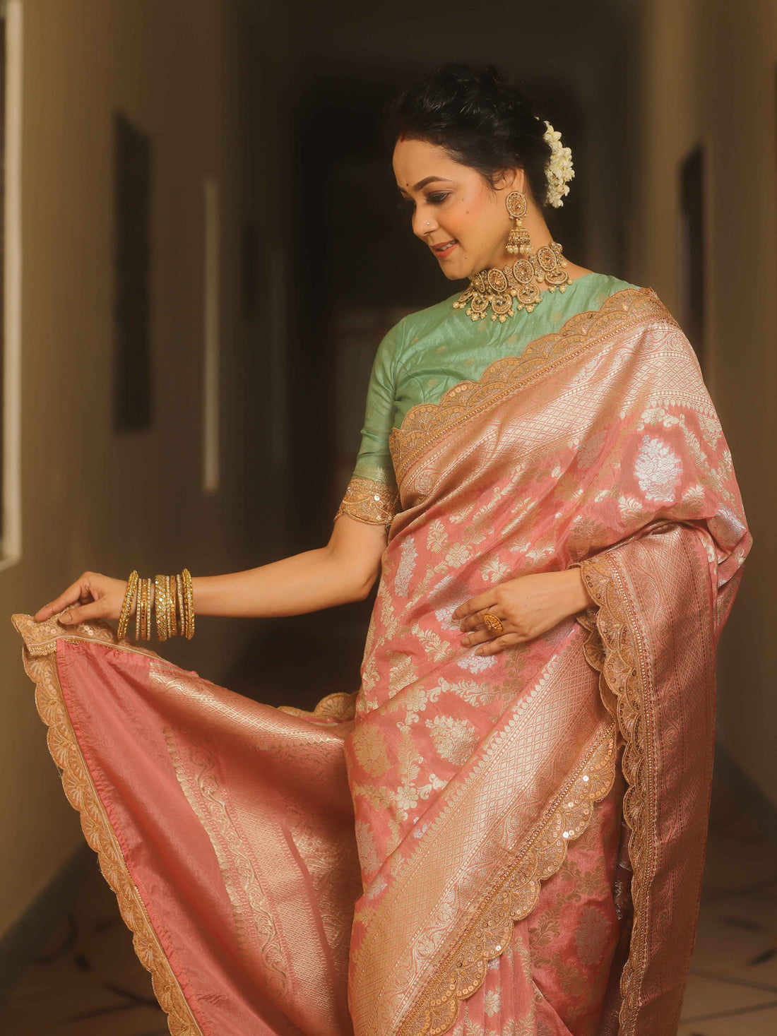 Banarasee Pink Georgette Zari Lace Saree