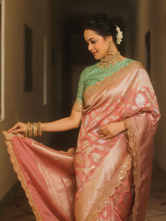 Banarasee Pink Georgette Zari Lace Saree