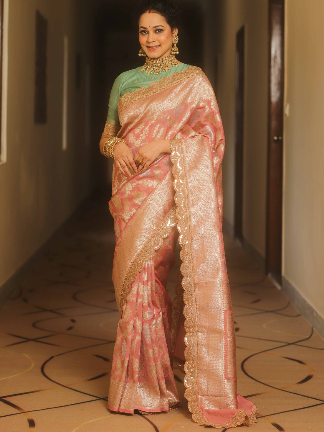 Banarasee Pink Georgette Zari Lace Saree