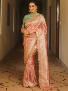 Banarasee Pink Georgette Zari Lace Saree
