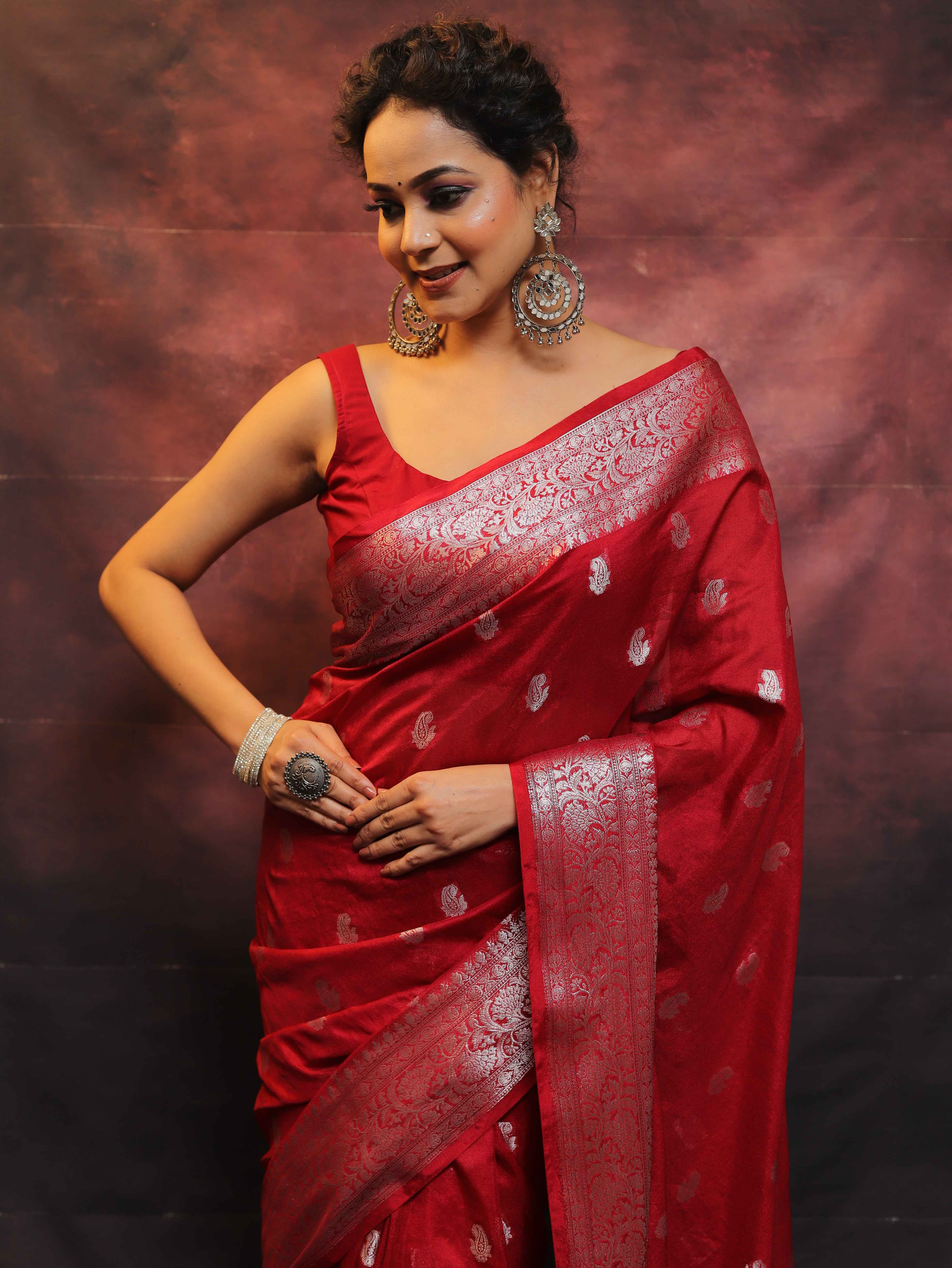 Banarasee Red Semi-Chiffon Saree Zari Work