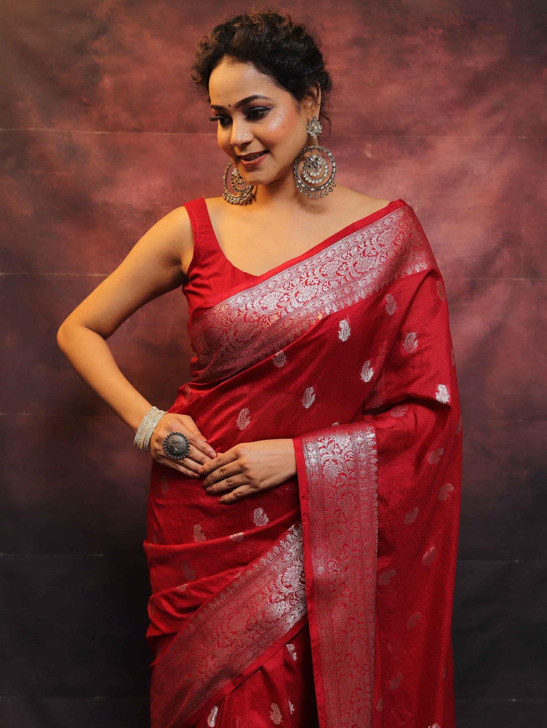 Banarasee Red Semi-Chiffon Saree Zari Work