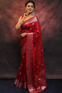 Banarasi Red Semi-Chiffon Saree Zari Work