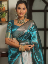 Banarasee Teal Blue Tissue Saree with Buti