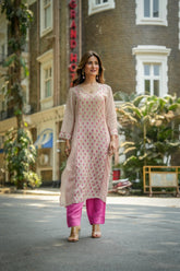 Beige Pink Gota Kurta Pant Set