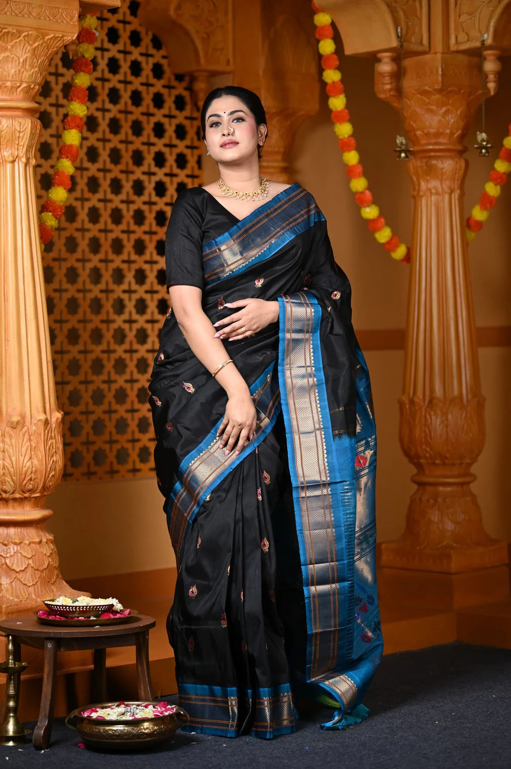 Pure Silk Black Blue Paithani Saree