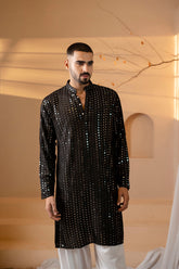 Jet Black Chikan Mirror Work Kurta Men