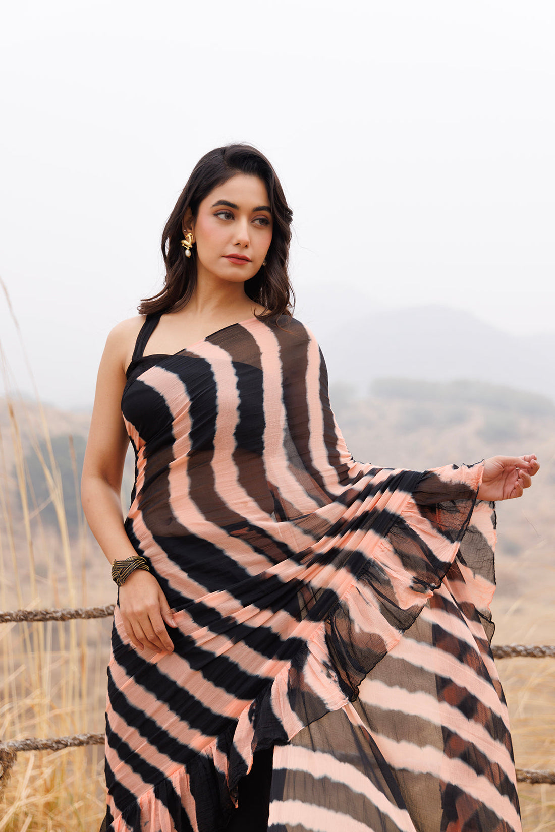 Black & Peach Ruffle Chiffon Saree Stitched Leheriya Chiffon Saree