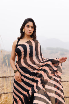 Black & Peach Ruffle Chiffon Saree Stitched Leheriya Chiffon Saree