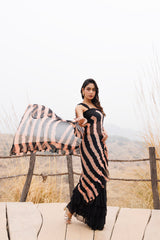 Black & Peach Ruffle Chiffon Saree  Stitched Leheriya Chiffon Saree