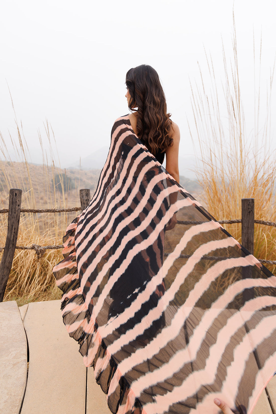 Black & Peach Ruffle Chiffon Saree Stitched Leheriya Chiffon Saree
