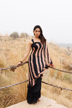 Black & Peach Ruffle Chiffon Saree Stitched Leheriya Chiffon Saree