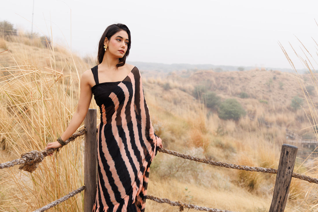 Black & Peach Ruffle Chiffon Saree Stitched Leheriya Chiffon Saree