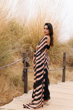 Black & Peach Ruffle Chiffon Saree Stitched Leheriya Chiffon Saree
