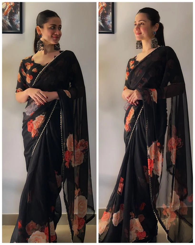 Black Pearl Floral Saree in Georgette