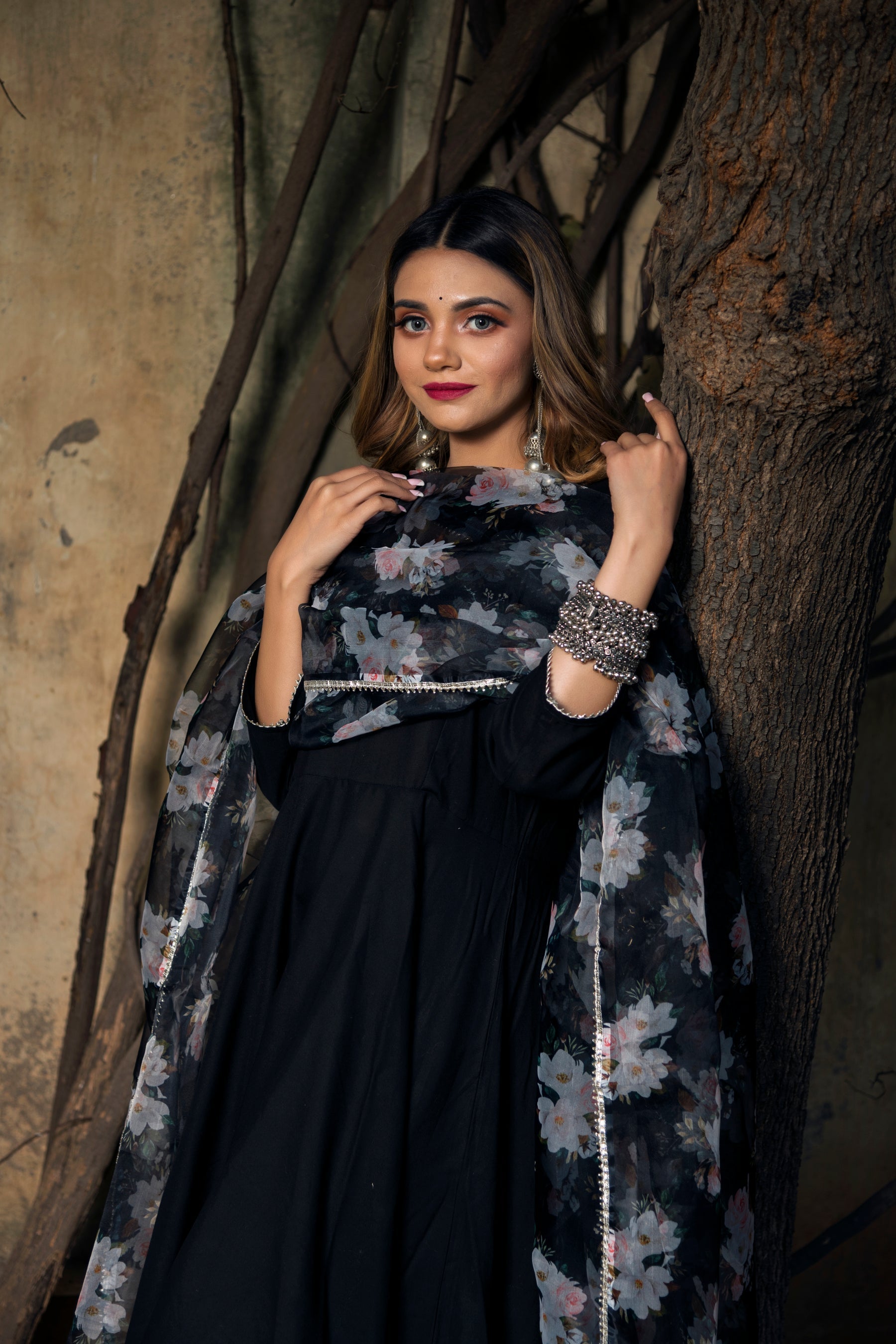 Tea Leaf Black Rayon Anarkali With Organza Dupatta